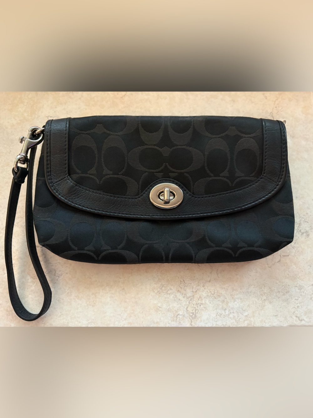 Black Signature-Pattern Wristlet Clutch